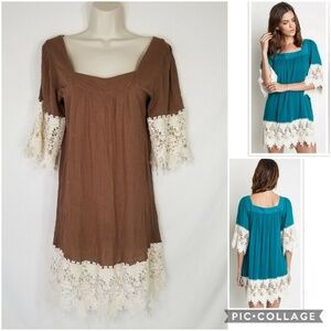 Womens Umgee A7797 Brown & Ivory Crochet Trim BOHO Cottagecore Tunic Dress M